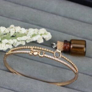 Dainty “I ❤️ U” Rose Gold Bangle with Diamond Ring Charm, XPBL0469
